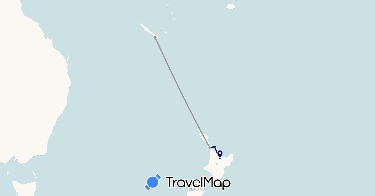 TravelMap itinerary: driving, plane in New Caledonia, New Zealand (Oceania)